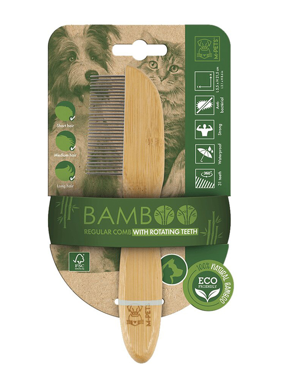 M-Pets Bamboo Rake Comb, 16 Teeth, Brown