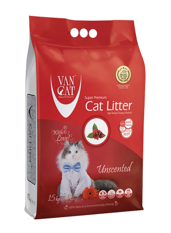 Van Cat White Natural Unscented Clumping Bentonite Cat Litter, 15 Kg, Red