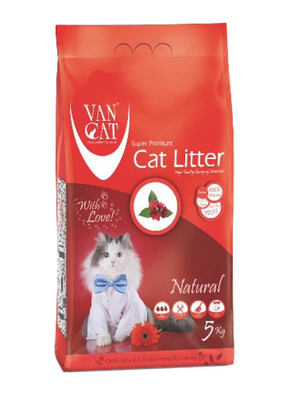 Van Cat White Natural Unscented Clumping Bentonite Cat Litter, 5 Kg, Red