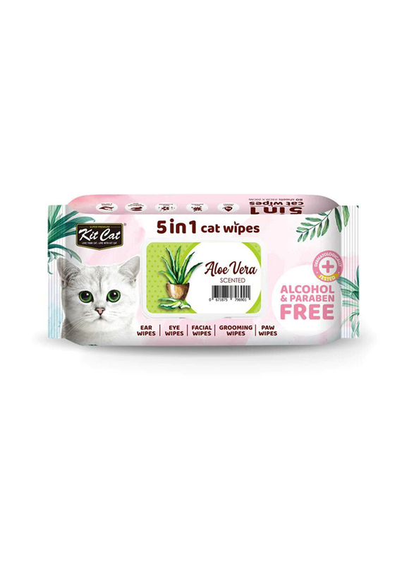 Kit Cat 5-in-1 Aloe Vera Cat Wipes, 80 Sheets, Green