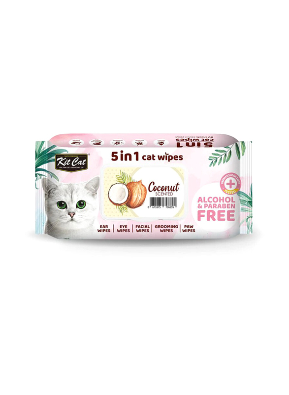 Kit Cat 5-in-1 Coconut Cat Wipes, 80 Sheets, Brown