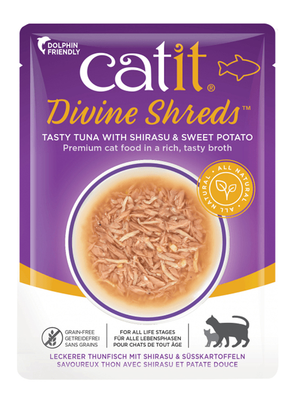 Catit Divine Shreds Tuna with Shirasu & Sweet Potato Cats Wet Food, 18 x 75g