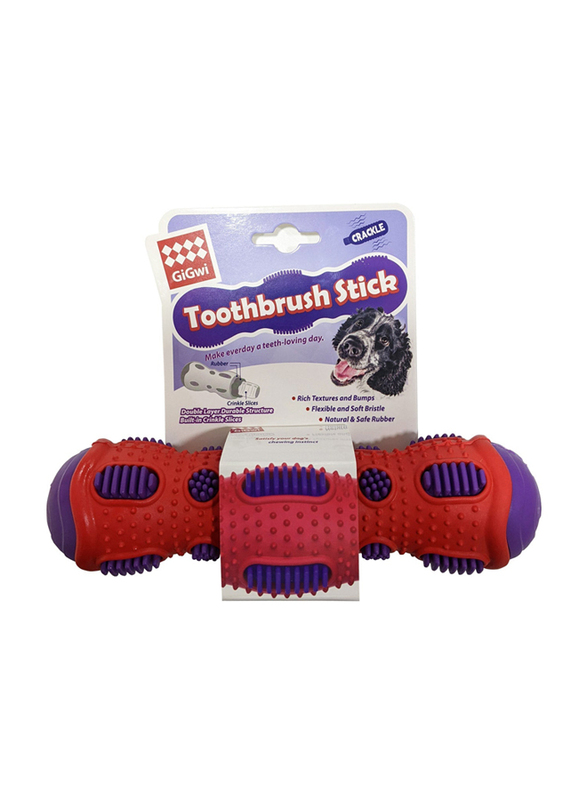 Gigwi Toothbrush Stick Rubber Dental Chew with Crackle Sound for Dog, Red/Purple