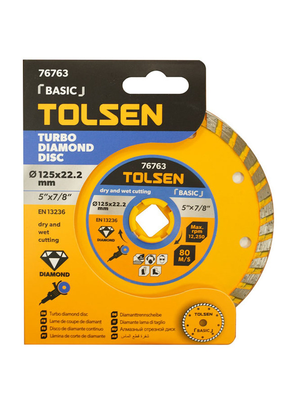 

Tolsen Turbo Diamond Disc (Basic), 76763, 125X22.2mm, Yellow/Silver