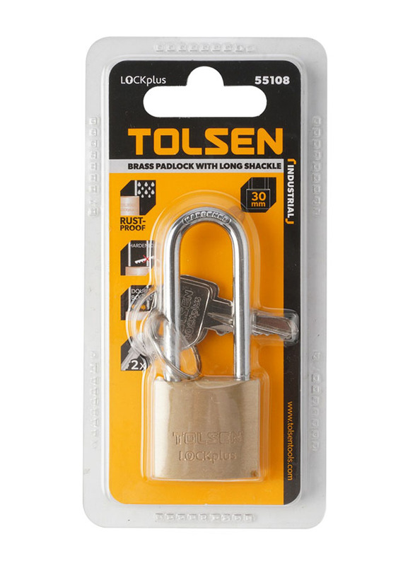 Tolsen Brass Padlock with Long Shackle, TLSN-55108, 30mm, Gold/Silver