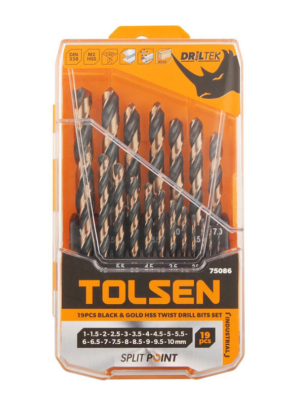 

Tolsen 19-Piece HSS Fractional Straight Shank Jobber Length Drill Bits Set, TLSN-75086, Black/Gold