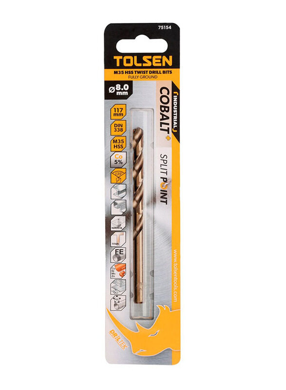 

Tolsen 8.0mm M35 HSS Industrial Twist Drill Bits, TLSN-75154, Silver