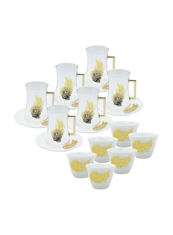 

Pearl 90ml + 180ml 18-Piece Glass Gold Cawa Cup And Saucer Set, White/Gold