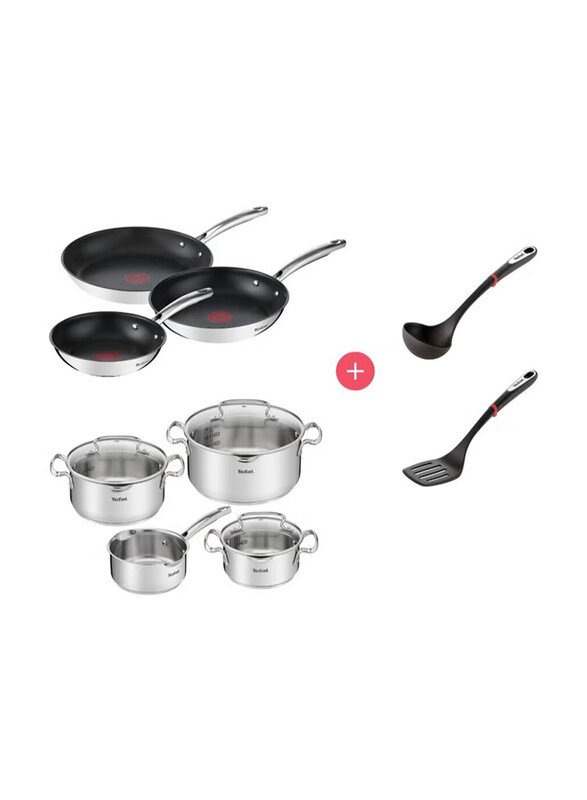 

Tefal 12-Piece High Quality Stainless Steel Duetto Plus Pots and Pans Set with Slotted Spatula and Ladle, Black/Silver