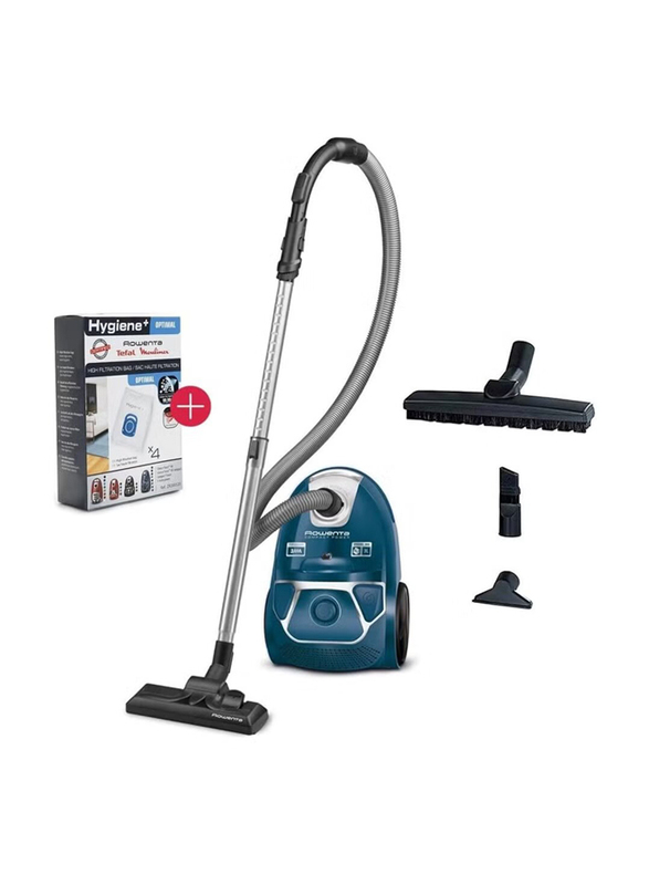 Rowenta Extremely Quiet Hygiene Filter Parquet Nozzle Canister Vacuum Cleaner with 4 High Filtration Bags, 3L, 750W, RO3950+ZR200520, Blue/White