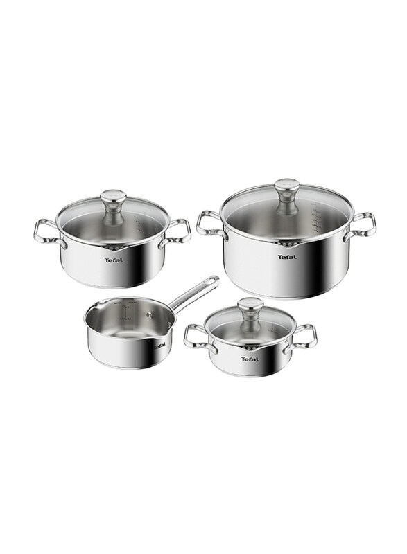 

Tefal 7-Piece Duetto Stainless Steel Cooking Pot with Sieve Lid & Pouring Aid Measuring Scales, A705A8, 18.5x30x54 cm, Silver