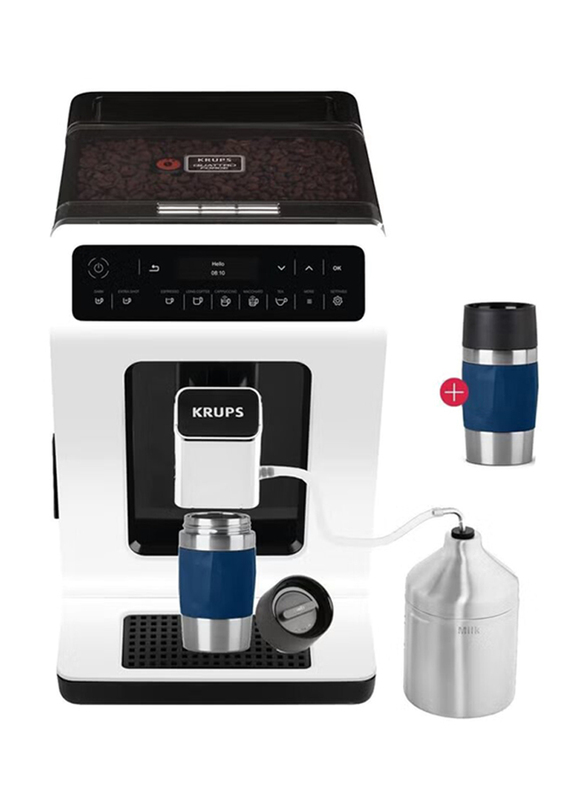 Krups 2.3L Evidence Plus Stainless Steel Fully Automatic Coffee Machine  with Emsa Travel Mug, 1450W, EA8911/N2160800, White/Black/Blue