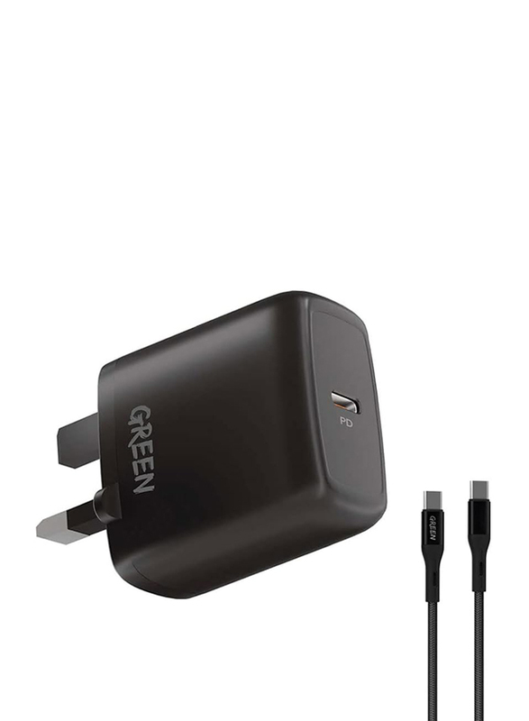 Green Type-C Port Wall Charger with Cable, 20W, GN20UKCCBK, Black