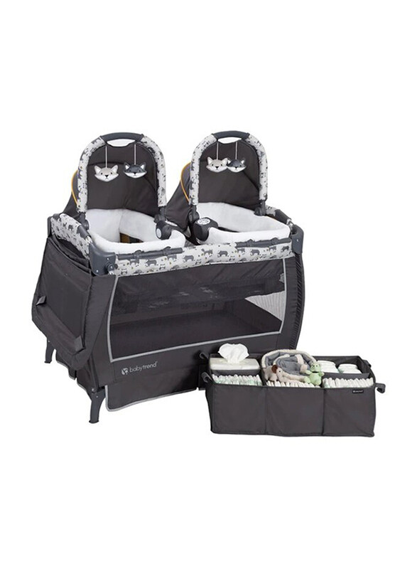 

Baby Trend Twins Nursery Center Play Yard with Bassinet, Goodnight Forest, Grey/Black