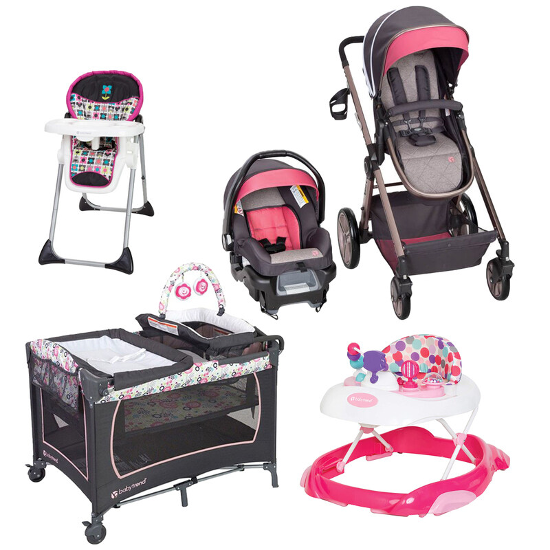 

Baby Trend GoLite Snap Gear Sprout Travel System + Sit-right 3-in-1 High Chair + WK38D34A Orby Activity Walker Pink + PY81B141 Lil Snooze Deluxe Nurse