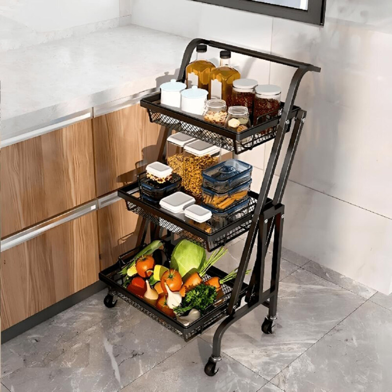 

ZeeSquare Foldable Multi-functional 3-Tier Kitchen Rolling Utensils Holder Cart with Storage Stand & Rack, Black