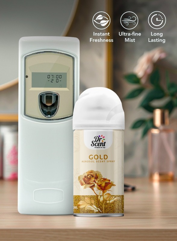 Dr Scent Breeze of Joy, Combo , Automatic Air Freshener Spray Dispenser LCD with 300 ml Aerosol Spray Refill , Long-Lasting Fragrance for Home & Office. (Gold)