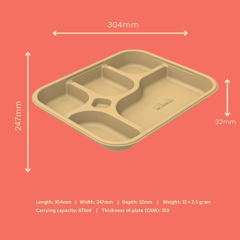 Chuk 25-Piece Sugarcane Bagasse 5 Compartmental Disposable Plates, Brown
