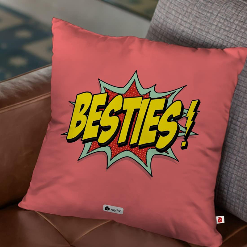 Indigifts Besties Printed Cushion Cover with Filler, Multicolour