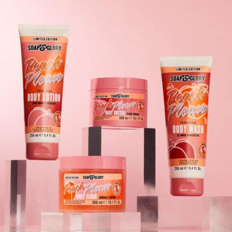 

Soap And Glory limited edition Peach Please Collection Set (Body Lotion - 250ml, Body Wash - 250ml, Body Better - 300ml, Body Scrub - 300ml)