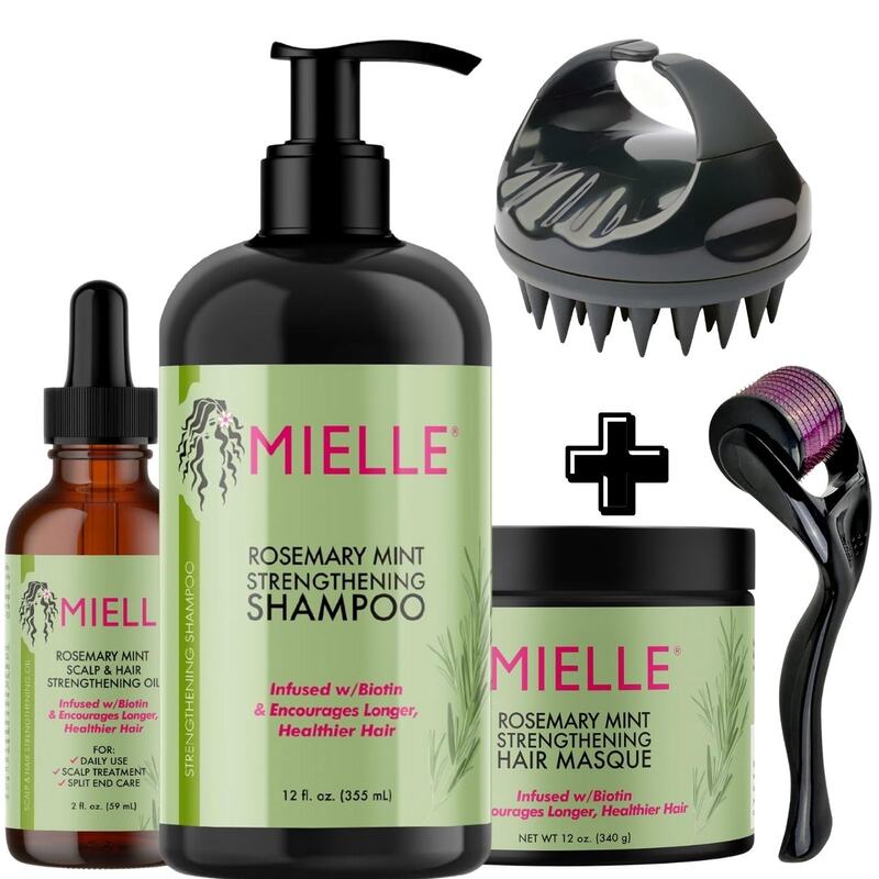 Mielle Organics Rosemary Mint Strengthening Full Set - Shampoo, Hair Mask, Hair Styling Cream me, Rosemary Hair Oil, and Scrubber - for Hair Growth - Infused with Biotin, Strengthens Weak Hair.