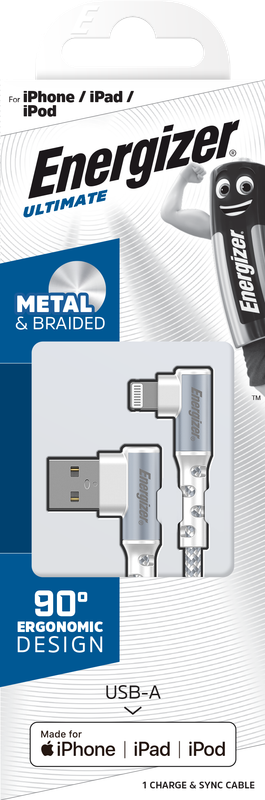 Energizer Right Angle 90 Degree MFi Certified Fast Charging Metal Braided Lightning Cable