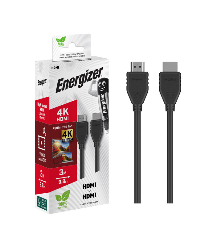 Energizer HDMI To HDMI Connector, High Speed, 4K Streaming Optimized, 3 metres, Black