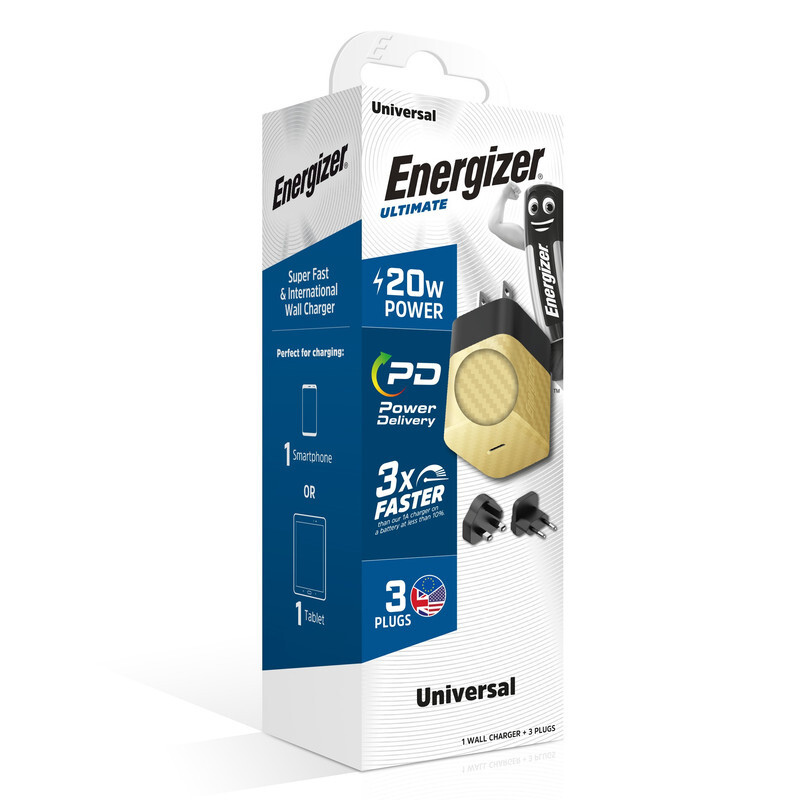 Energizer Ultimate Power Delivery 20W Wall Charger, GaN Technology, 3x Faster, 3 Plugs- EU/ UK/ US Plugs, Universal Compatiblity, Type-C Output Gold