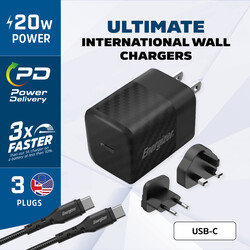 Energizer Ultimate Power Delivery 20W Wall Charger, GaN Technology, 3x Faster, 3 Plugs- EU/ UK/ US Plugs, Universal Compatiblity, Type-C Output Black