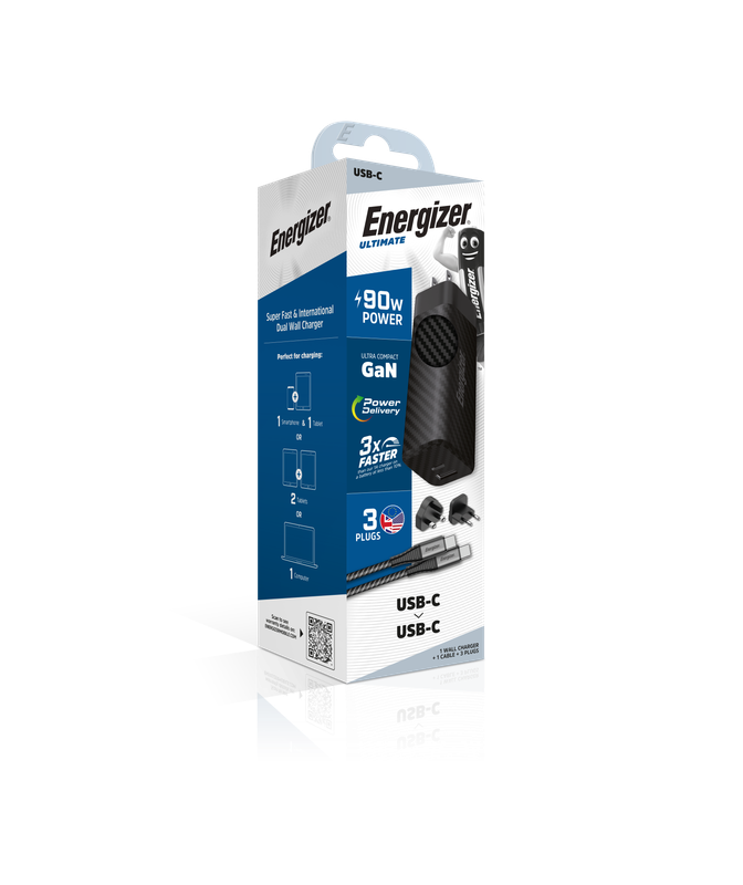 Energizer Ultimate 90W Dual USB-C Laptop Charger with Fast Charging GaN Technology Power Delivery With 2m Type-C to Type-C Cable Black