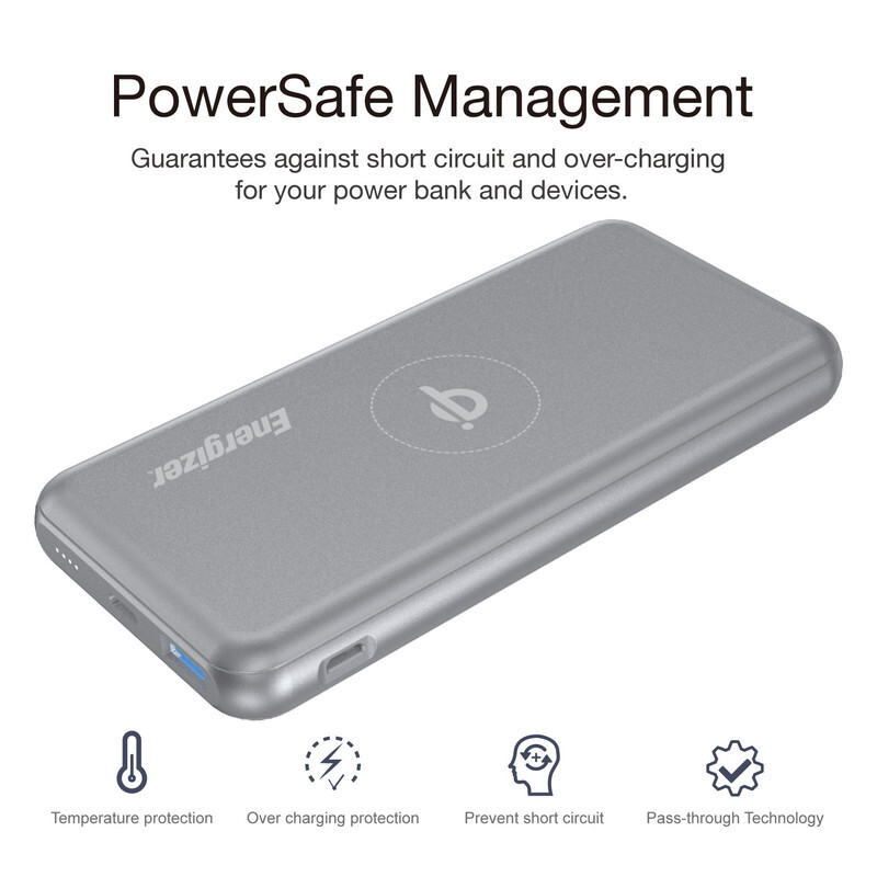 Energizer 10000 mAh Ultimate QI Wireless Power Bank, Dual Ouputs, USB-C Power Delivery 3.0 Output for iPhone/ iPad, 18W Smart USB-A Fast charging for Android, PowerSafe Management, 18W Grey