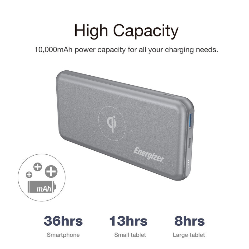 Energizer 10000 mAh Ultimate QI Wireless Power Bank, Dual Ouputs, USB-C Power Delivery 3.0 Output for iPhone/ iPad, 18W Smart USB-A Fast charging for Android, PowerSafe Management, 18W Grey