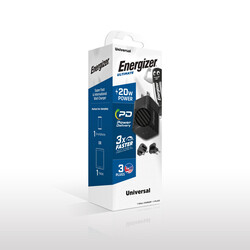 Energizer Ultimate Power Delivery 20W Wall Charger, GaN Technology, 3x Faster, 3 Plugs- EU/ UK/ US Plugs, Universal Compatiblity, Type-C Output Black