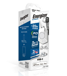 Energizer Ultimate Mfi Certified Power Delivery 20W Wall Charger and Fast Charging Braided Type-C to Lightning Cable, GaN Technology, 3x Faster, 3 Plugs- EU/ UK/ US Plugs,Type-C Output Silver