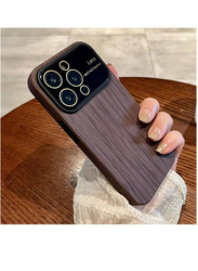 Zoomee Apple iPhone 15 Pro Max 2023 3-in-1 Luxury Wood Grain Big Window Glass Lens Camera Protection Armor Shockproof Case Cover, Brown