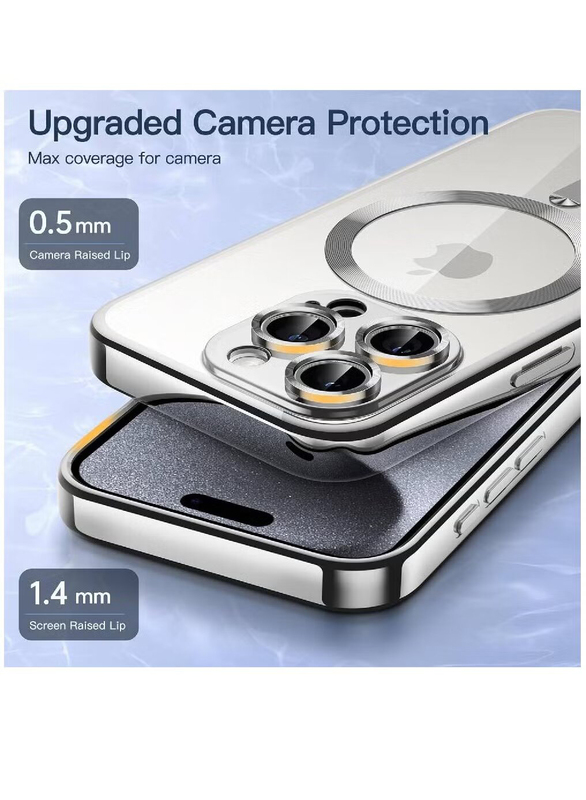 Apple iPhone 15 Pro Max Camera Lens Full Protection With MagSafe Wireless Charging Electroplated Shockproof Soft TPU Mobile Phone Case Cover, Silver