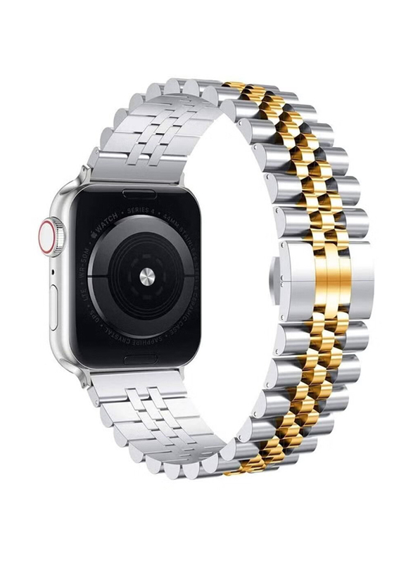 Zoomee Replacement Stainless Steel Metal Bracelet Band for Apple Watch 45mm/44mm/42mm, Silver/Gold