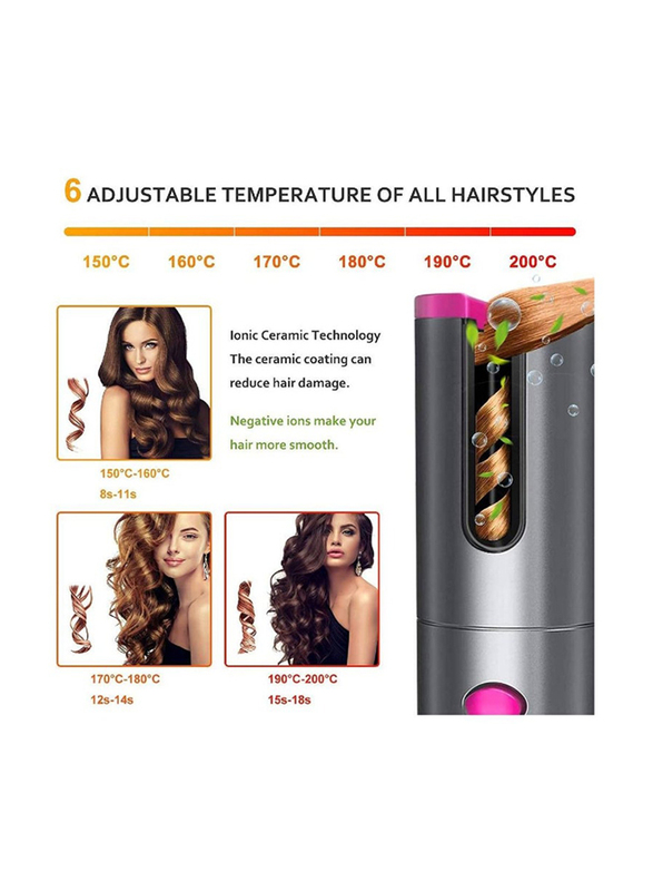 Unbound Cordless Automatic Hair Curler, Grey/Pink