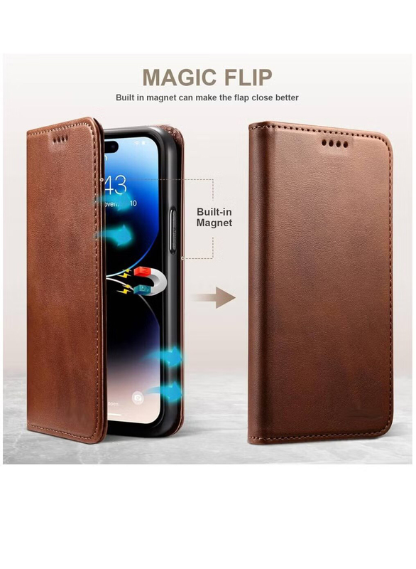 Zoomee Apple iPhone 15 Pro 6.1-inch Protective Leather Mobile Phone Flip Cover with Kickstand Wallet Case and Card Holder, Brown