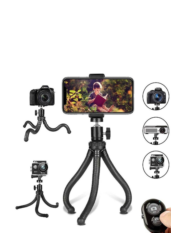 Universal 360° Rotating Flexible Adjustable Phone Camera Stand Holder with Wireless Remote and Universal Clip, Black