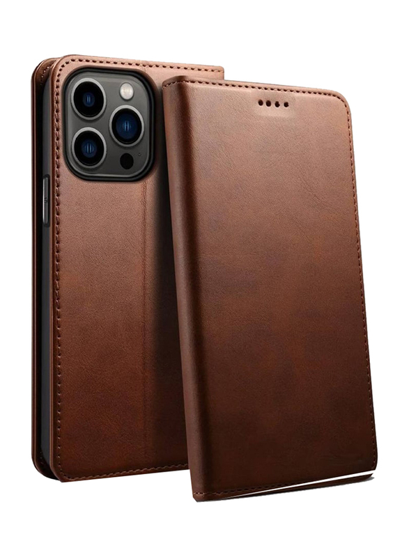 Apple iPhone 15 Pro 6.1 Inch Protective Leather Mobile Phone Flip Case Cover With Card Holder, Brown