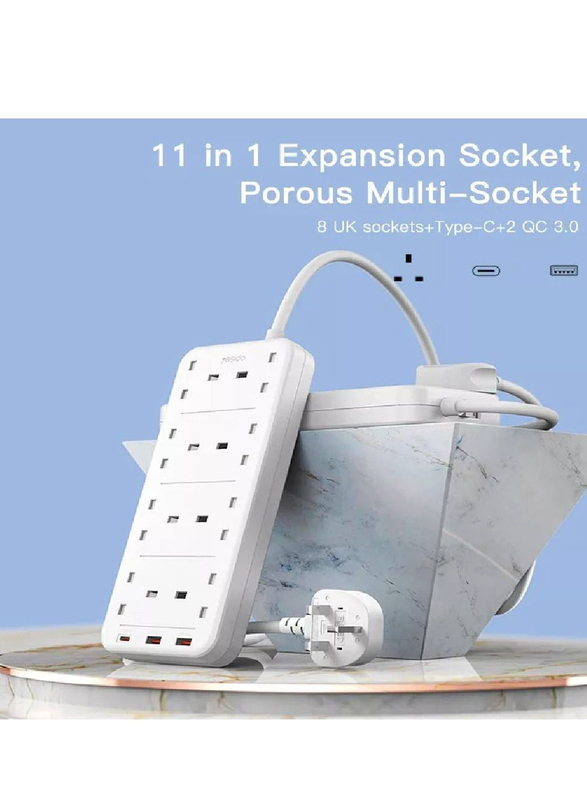 Yesido 2-Meter 8-Ports Power Socket with PD and QC Fast Charge, White