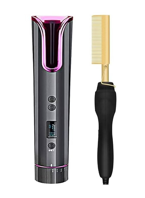 Gennext 2-Piece Automatic Hair Curler USB Cordless Hair Curling Iron Ceramic Professional LCD Hair Curl Iron Heating Comb, Grey