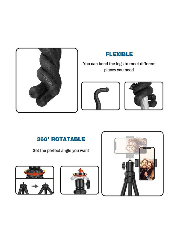 Universal 360° Rotating Mini Tripod Flexible Mobile Phone Adjustable Camera Stand Holder with Wireless Remote & Universal Clip, Black