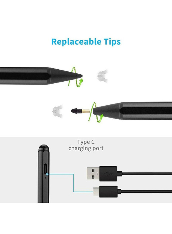 Stylus Pen Digital Pencil Fine Point Touch Screens Active Pen for Apple iPad, Tablets, Black