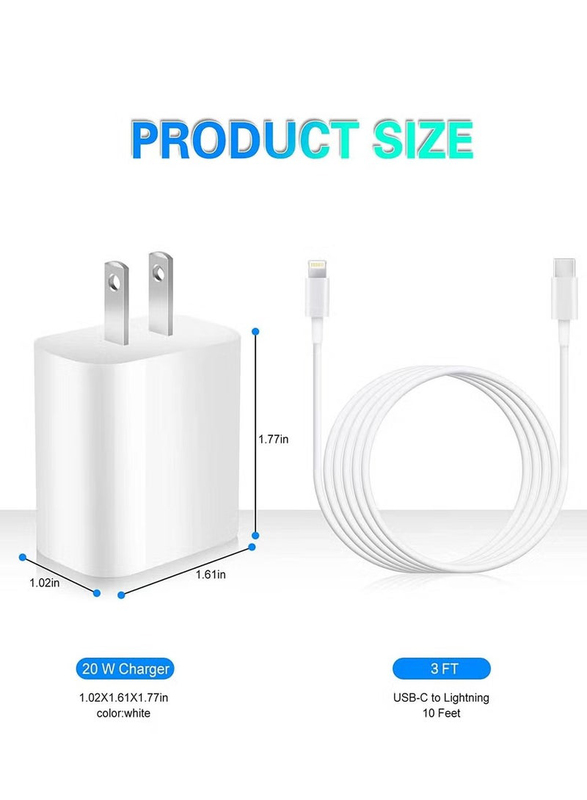 Gennext 20W Fast Charger Wall Adapter, Apple MFi Certified, with 3-Feet Lightning Charging Cable for Smartphones, White