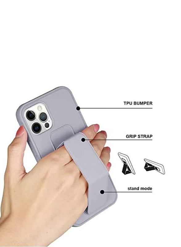 Zoom Apple iPhone 14 Pro Max Magnetic Folding Back Stand Grip Mobile Phone Case Cover with Finger Strap, Grey