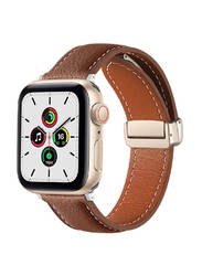 Leather Folding Metal Buckles Replacement Band Strap for Apple Watch Series Ultra 49mm SE/7/8/6/5/4/3/2/1 42mm/44mm/45mm, Brown