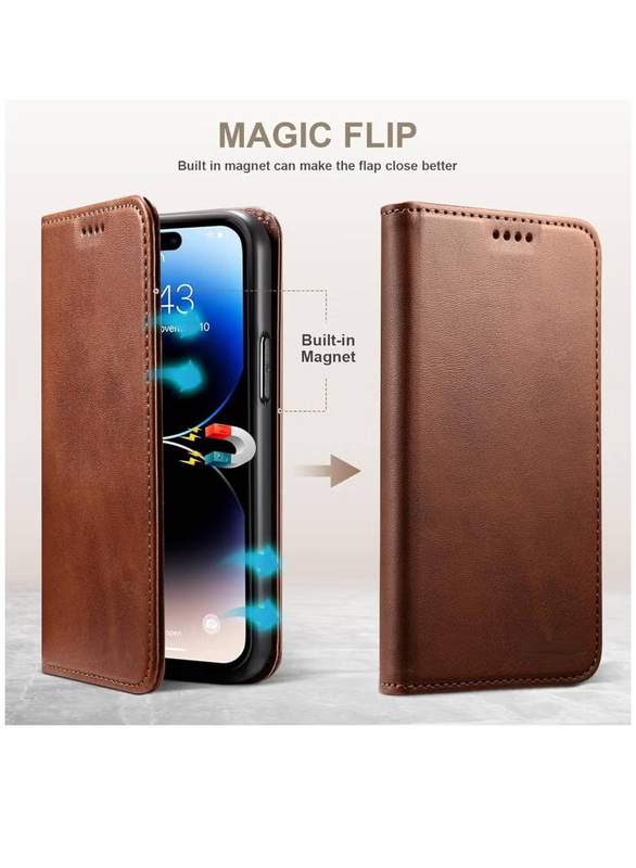 Apple iPhone 15 Pro Max 6.7" Protective Leather Kickstand Wallet Case With Card Holder And Phone Grip Cover, Brown