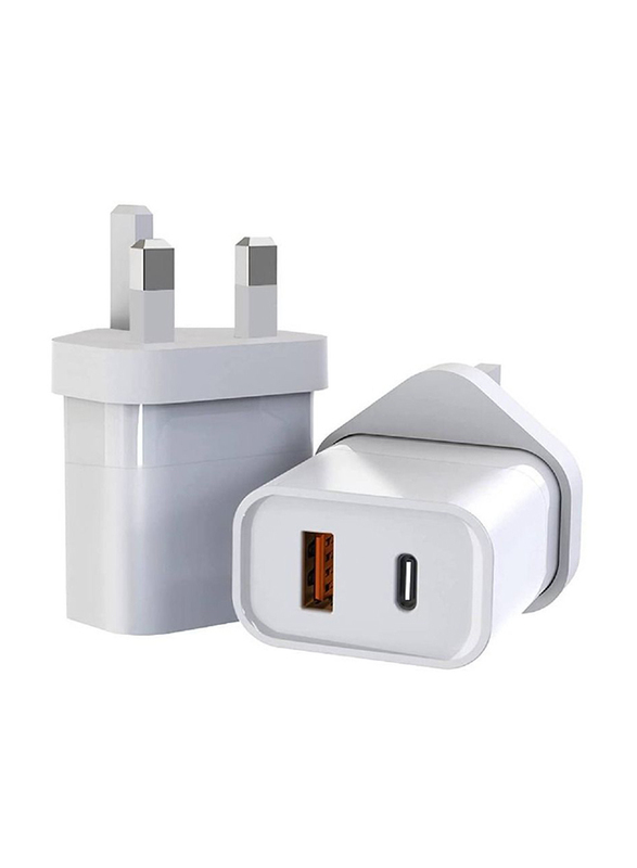 Dual Ports Wall Charger with 30W USB Type-C PD Charging Port and 18W USB Port, White
